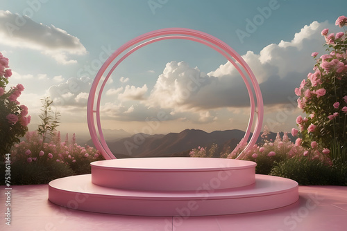 Garden LeaBackground podium pink 3d product sky