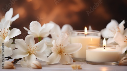 burning candles with a warm brown background  vanilla flowers  spa  relax and wellness concept  Burning aromatic candles with vanilla flowers