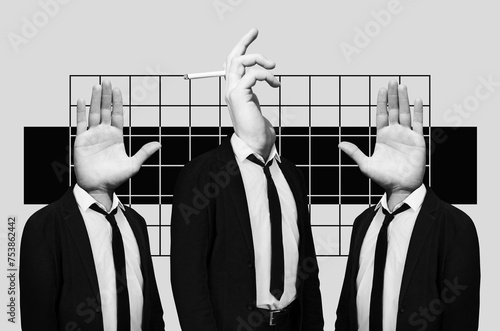 Group of surrealistic men with hands instead of a heads