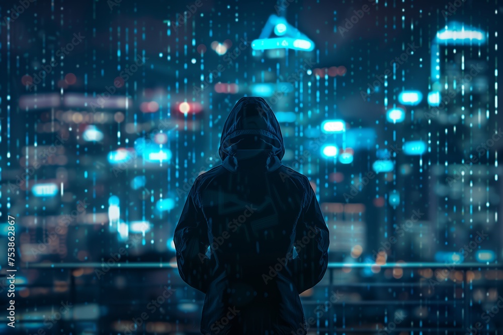 a hacker in a dark hood looking out at a city at night, futuristic holographic code floats around them, with copy space a hacker in a dark hood looking out at a city at night, futuristic holographic code floats around them, with copy space