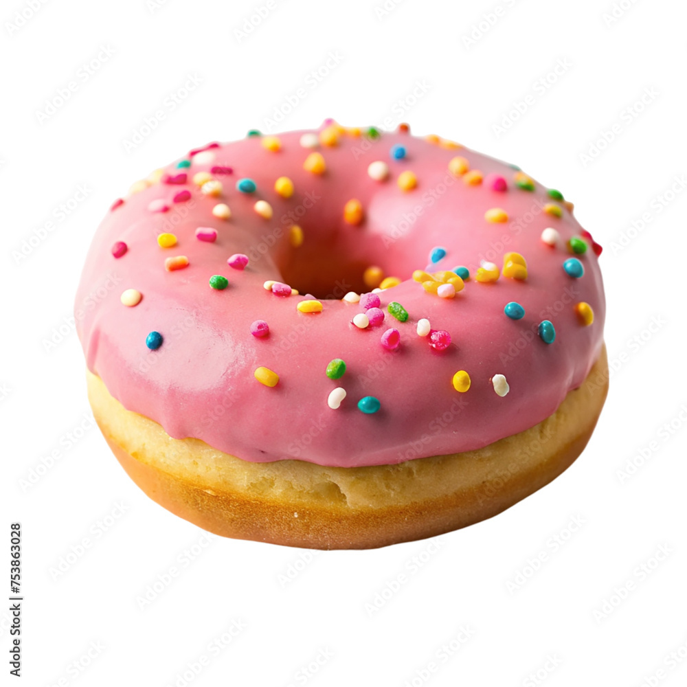 Pink glazed donut with sprinkles isolated on transparent background.