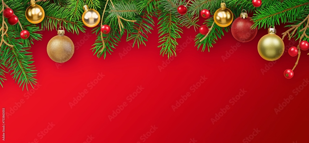Christmas tree and branches with gold ball ornaments on a red background background, vibrant stage backdrop, red and green. Fir branches frame or boarder. Happy Holidays celebration, copy space.