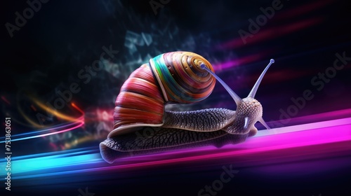 Super fast snail. The amazing concept of power ensures success or competitive advantage, the fast snail wins by overcoming difficulties. Neon footprints after the snail.