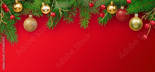 Christmas tree and branches with gold ball ornaments on a red background background  vibrant stage backdrop  red and green. Fir branches frame or boarder. Happy Holidays celebration  copy space.