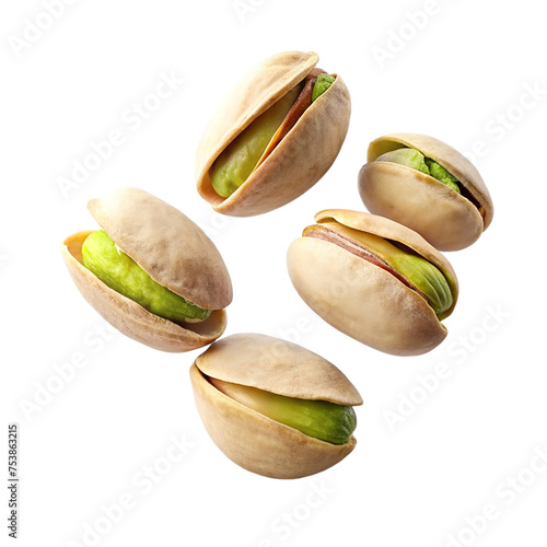 Pistachio nuts levitate on transparent background.
