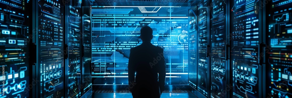 silhouette of a cybersecurity expert standing in safe and secure business server room silhouette of a cybersecurity expert standing in safe and secure business server room