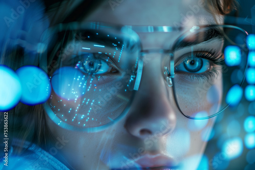 close up of a woman's eyes as she reads code on a futuristic transparent monito
