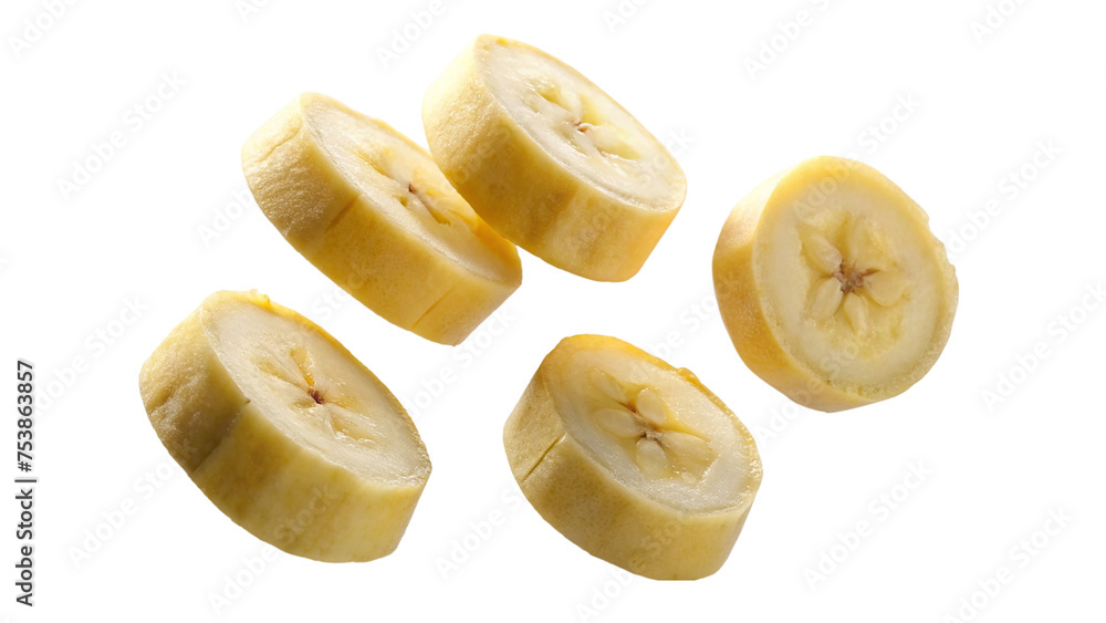 Flying banana slices isolated on a transparent background.