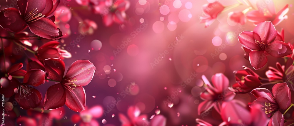 Spring or summer floral 3d concept composition made of fresh hydrangea flowers on red bokeh background. Festive flowers concept with copy space. Soft focus, macro photography.