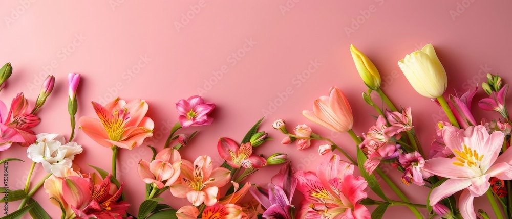 Spring floral composition made of fresh colorful flowers on light pastel background. Festive flower concept with copy space.