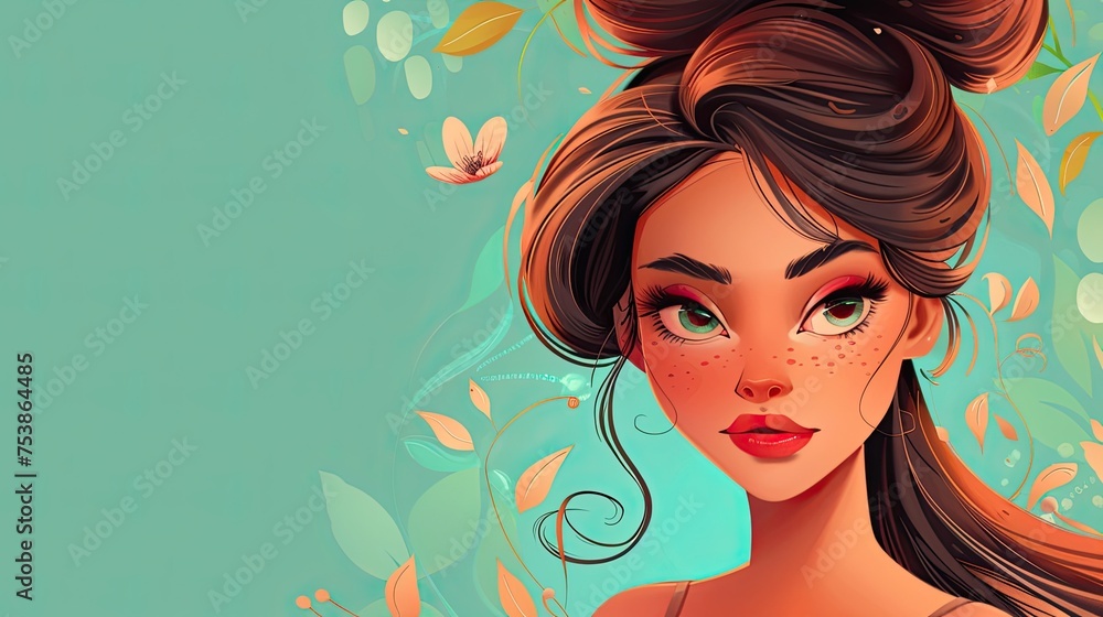 An illustrated portrait of a young woman with a whimsical, nature-inspired theme An illustrated portrait of a young woman with a whimsical, nature-inspired theme