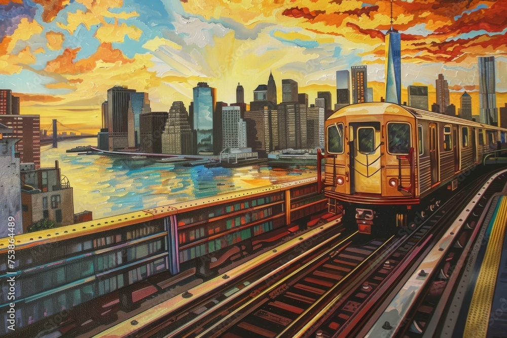 Obraz premium A painted golden subway train on the New York City subway system Generative AI