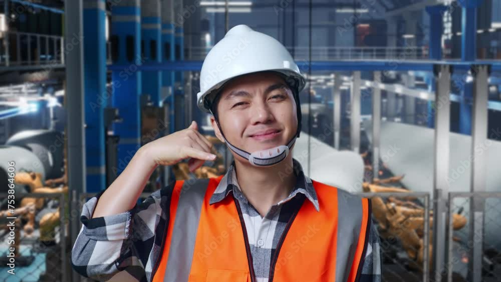 Close Up Of Asian Male Engineer With Safety Helmet Standing In Factory Manufacture of Wind Turbines. Smiling To Camera And Making Call Me Gesture While Robotic Arm Working Close Up Of Asian Male Engineer With Safety Helmet Standing In Factory Manufacture of Wind Turbines. Smiling To Camera And Making Call Me Gesture While Robotic Arm Working