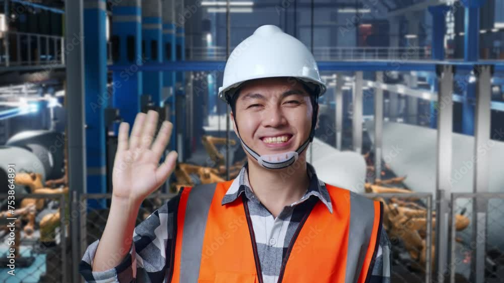 Close Up Of Asian Male Engineer With Safety Helmet Standing In Factory Manufacture of Wind Turbines. Smiling To Camera And Waving Hand Saying Good Bye While Robotic Arm Working Close Up Of Asian Male Engineer With Safety Helmet Standing In Factory Manufacture of Wind Turbines. Smiling To Camera And Waving Hand Saying Good Bye While Robotic Arm Working