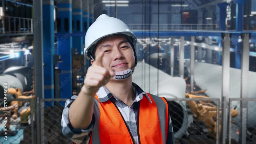 Close Up Of Asian Male Engineer With Safety Helmet Standing In Factory Manufacture of Wind Turbines. Smiling And Touching His Chest Then Pointing At You While Robotic Arm Working Close Up Of Asian Male Engineer With Safety Helmet Standing In Factory Manufacture of Wind Turbines. Smiling And Touching His Chest Then Pointing At You While Robotic Arm Working