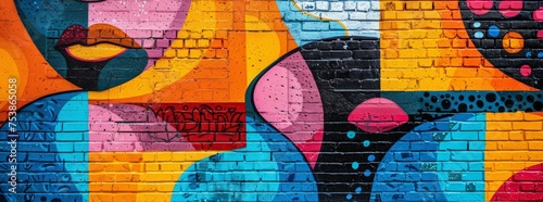 Detailed segment of a colorful urban graffiti mural, showcasing intricate patterns and textures in a vivid color palette.