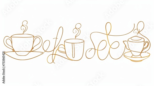 Artistic line drawing of coffee cups integrated with calligraphy
