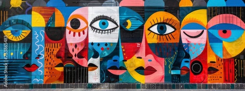 Colorful street art mural with abstract faces and playful designs on an urban wall.