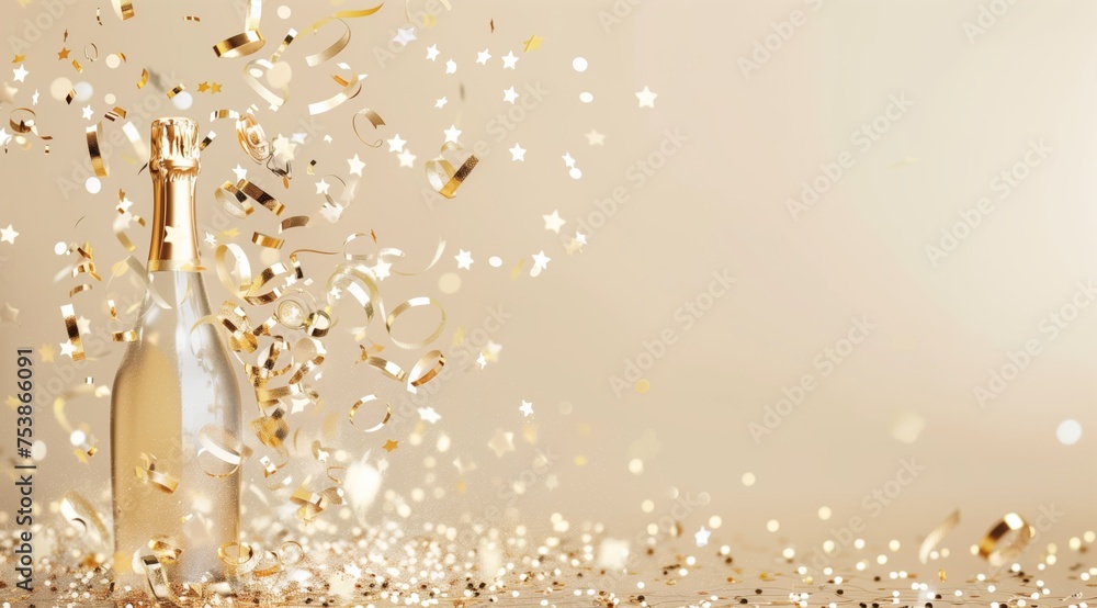 Champagne bottle with golden confetti swirling and dangling, minimalist background, light gray and beige. Happy Birthday celebration, gold stars, copy space. - obrazy, fototapety, plakaty 