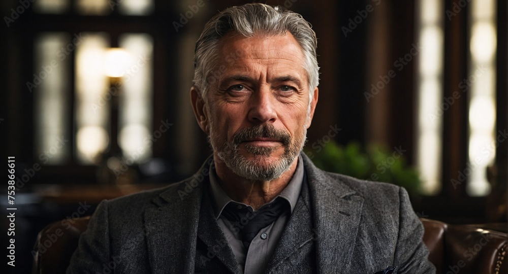 Man in his fifties with a short beard, slightly gray hair, sitting in a leather chair, old house background Man in his fifties with a short beard, slightly gray hair, sitting in a leather chair, old house background