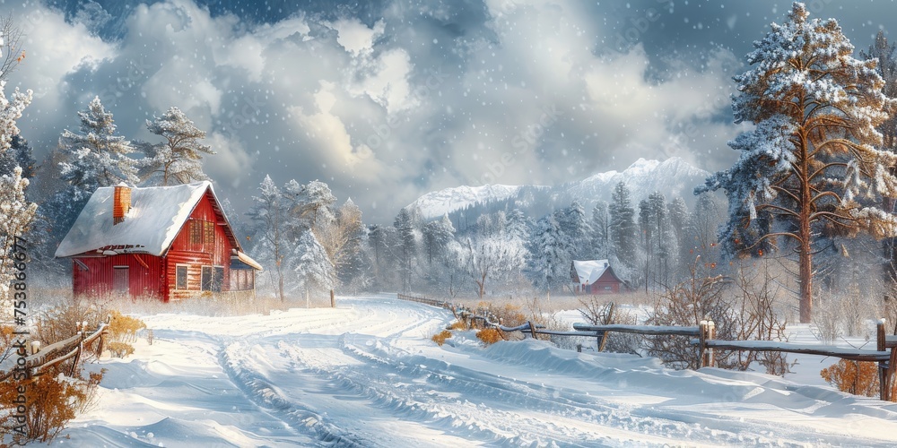 Naklejka premium Beautiful winter nature landscape, amazing mountain view. Scenic image of woodland. Frosty day on ski resort