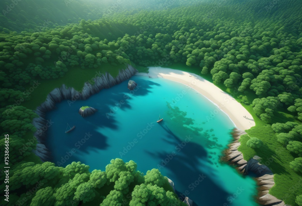 illustration, aerial perspective lush green forest meeting tranquil blue highlighting natural intersection land water, Aerial, Perspective, Lush