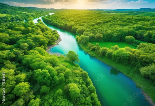 illustration, aerial perspective lush green landscape meandering river cutting under clear blue sky, through, view, scenery, verdant, foliage, watercourse