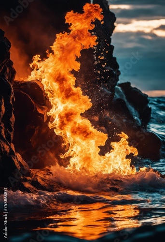 illustration, exploring dynamic contrast fiery flames cool water captivating visual composition, Captivating, Visual, Composition, Dramatic, Contrast, photo