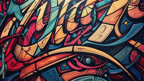 A vibrant, abstract graffiti artwork with bold colors and intricate patterns