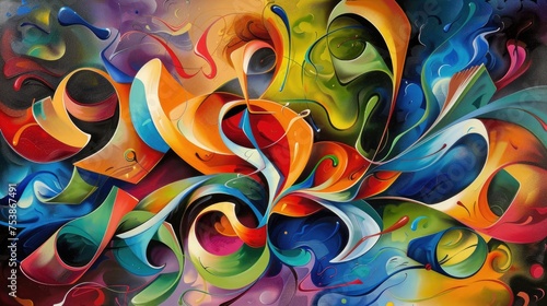 A vibrant and abstract painting with swirling colors and shapes