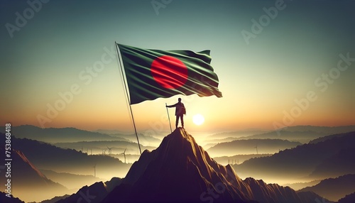 Realistic illustration of a man silhouette with the flag of bangladesh high on a hill during sunset.
