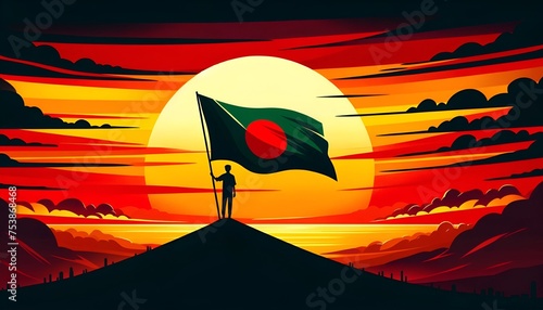 Illustration of a silhouette of an man silhouette with the flag of bangladesh high on a hill during sunset. photo