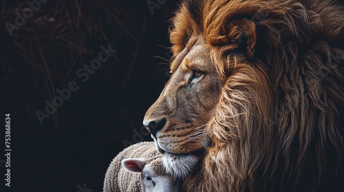  Lion and Lamb Portrayal Against Dark Background, Generative AI photo