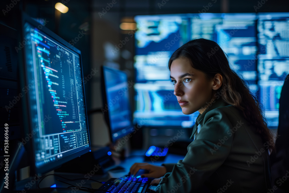 a cybersecurity business expert, examining a code on a digital display, with copy space a cybersecurity business expert, examining a code on a digital display, with copy space