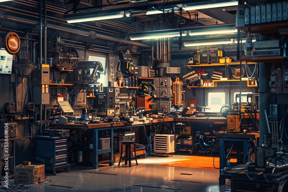 A captivating scene of a workshop filled with state-of-the-art safety equipment and tools, each item placed with precision and care.