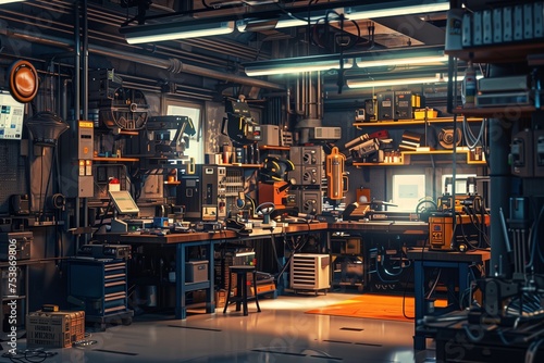 A captivating scene of a workshop filled with state-of-the-art safety equipment and tools, each item placed with precision and care. © SardarMuhammad