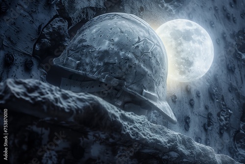 A close-up of a worker helmet  set against the backdrop of a beautifully textured  ancient stone wall  under the soft  luminous light of a full moon. 