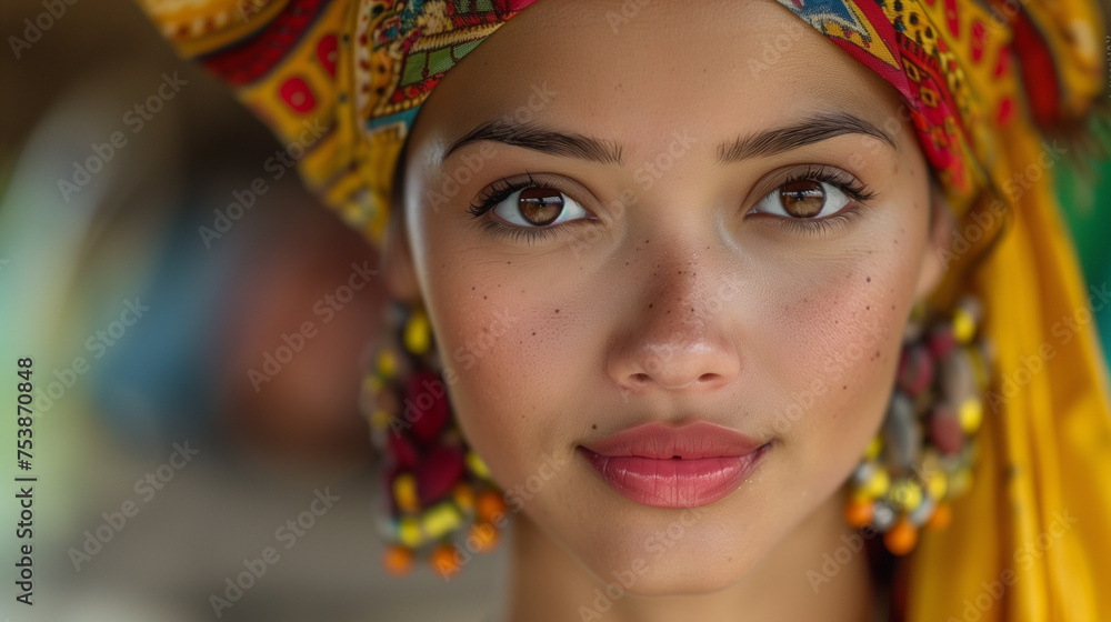 Mixed race portrait of young woman in cultural headwear.