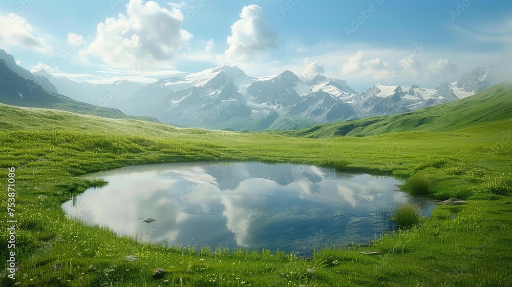 A small lake high in the mountains surrounded by green meadows. Natural background. Illustration for cover, card, postcard, interior design, banner, poster, brochure or presentation.