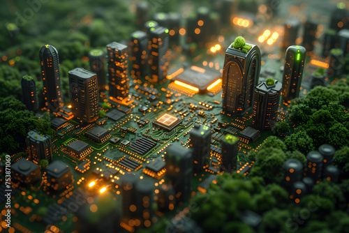 Smart green city on circuit board 