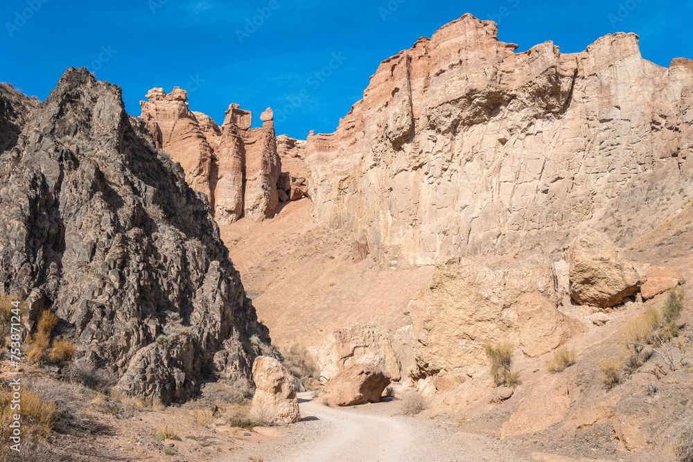Charyn canyon in Almaty, Kazakhstan. Beautiful view of the canyon from above