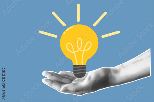 Halftone collage retro banner. A hand cut out of a magazine holds a light bulb on a blue background, torn paper. Question and answer, problem solving or business solutions concept.