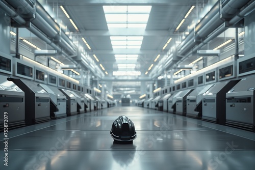 A powerful, serene moment inside a modern factory, empty of workers to mark International Labour Day, with machines standing silent as a tribute to the human effort behind industry.