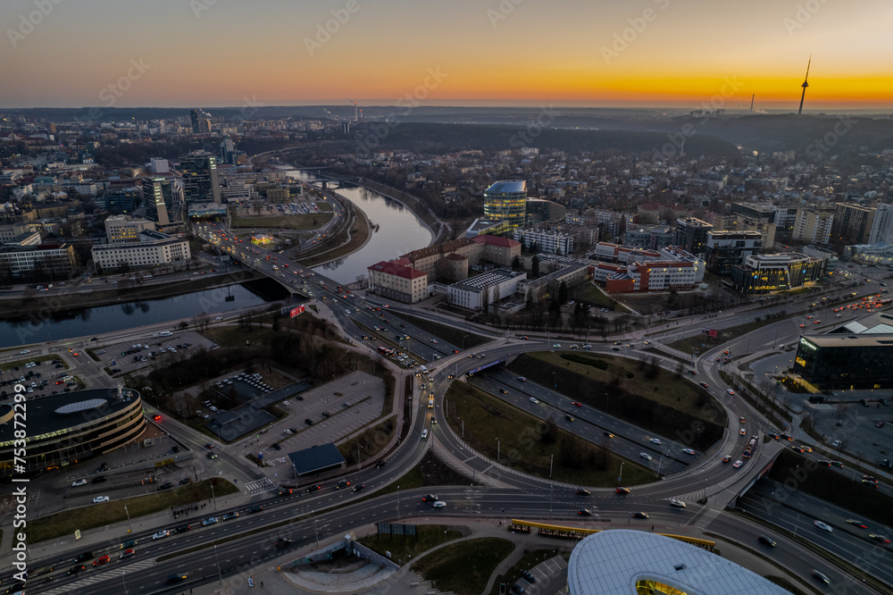 Aerial spring view of sunset dusk in Vilnius city center, down town, Šnipiškės district, Lithuania