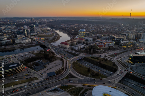 Aerial spring view of sunset dusk in Vilnius city center, down town, Šnipiškės district, Lithuania