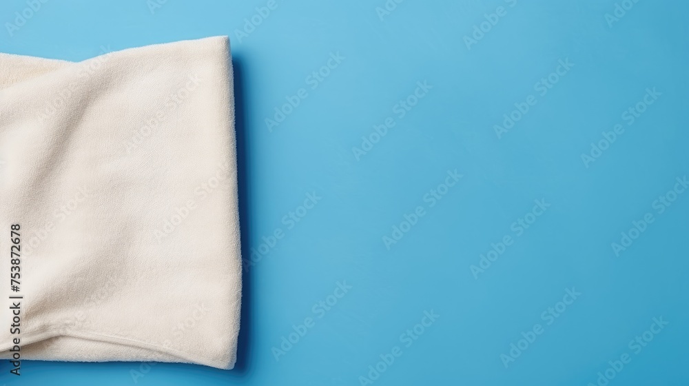 Beige cotton towel on a blue background. Bathroom decor and accessories.