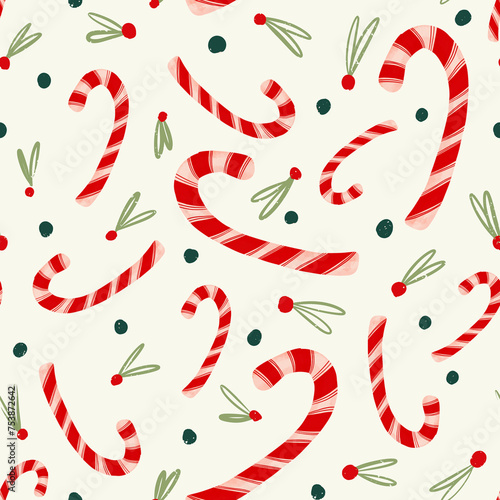 Christmas Candy canes and holly repeat pattern 12x12