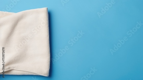 Beige cotton towel on a blue background. Bathroom decor and accessories.