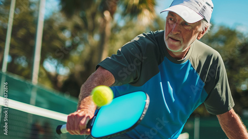 Pickleball is played outdoors, Photo of an active elderly man holding a pickleball racket hitting the up coming pickleball on courts, trendy sport of the years.