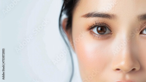 Eyes. Closeup of beautiful asian woman with brown eyes make up eye shadow